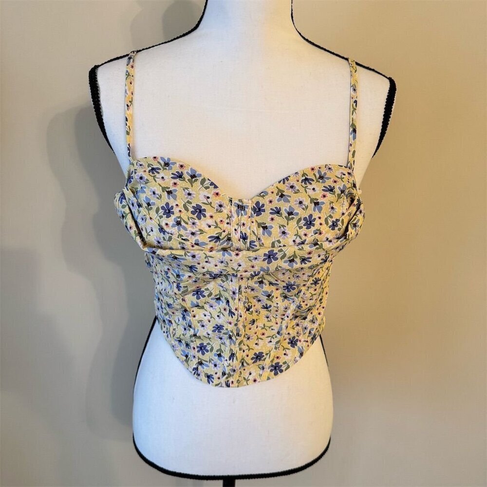 SHEIN Women's M Yellow Floral Boho Ruched Cami Top Sleeveless Summer